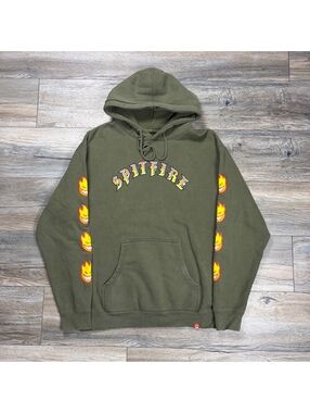 Y2K Spitfire olive pullover hoodie with sleeve graphics